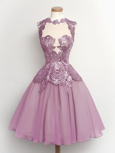 Super Chiffon High-neck Sleeveless Lace Up Lace Bridesmaid Dresses in Lilac