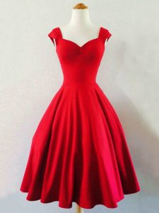 Red A-line Straps Sleeveless Taffeta Mini Length Lace Up Ruching Damas Dress