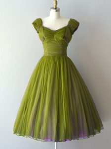 Low Price Cap Sleeves Chiffon Knee Length Lace Up Wedding Party Dress in Olive Green with Ruching