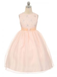 Baby Pink Sleeveless Knee Length Beading Lace Up Girls Pageant Dresses