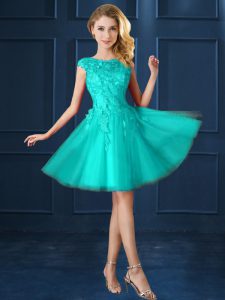Fashion Bateau Cap Sleeves Wedding Guest Dresses Knee Length Lace and Belt Turquoise Tulle
