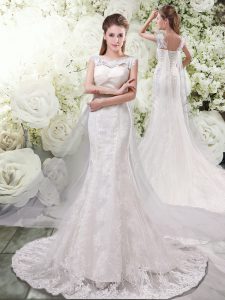 Amazing White Mermaid Tulle and Lace Scoop Sleeveless Lace Lace Up Wedding Dress Watteau Train