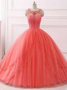 Elegant Coral Red Tulle Lace Up Sweetheart Sleeveless Sweet 16 Dress Brush Train Beading and Lace