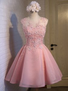 Perfect Organza Scoop Sleeveless Lace Up Lace Bridesmaid Dress in Pink
