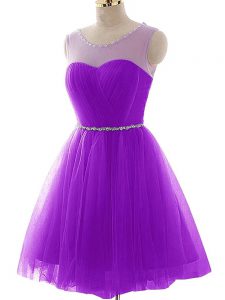 Popular Beading and Ruching Prom Evening Gown Purple Lace Up Sleeveless Mini Length