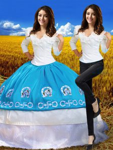 High Class 3 4 Length Sleeve Taffeta Floor Length Lace Up 15th Birthday Dress in Blue And White with Embroidery