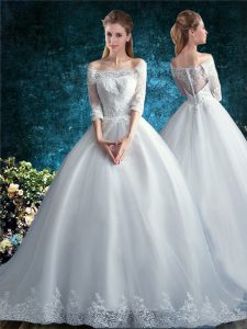 Sophisticated White Wedding Dress Tulle Brush Train Half Sleeves Lace