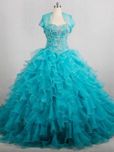 Organza Sweetheart Sleeveless Brush Train Lace Up Beading and Ruffles 15th Birthday Dress in Aqua Blue