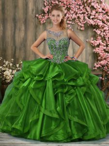 Scoop Sleeveless 15 Quinceanera Dress Floor Length Beading and Ruffles Olive Green Organza