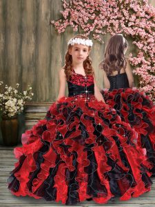 Custom Designed Red And Black Organza Lace Up Straps Sleeveless Floor Length Little Girls Pageant Dress Beading and Ruff