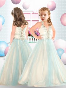 Gorgeous Teal Sleeveless Tulle Lace Up Pageant Gowns For Girls for Party and Wedding Party