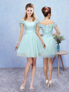 V-neck Short Sleeves Court Dresses for Sweet 16 Mini Length Lace Aqua Blue Tulle