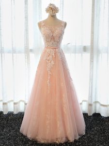 Exquisite Floor Length Peach Evening Dress Scoop Sleeveless Lace Up