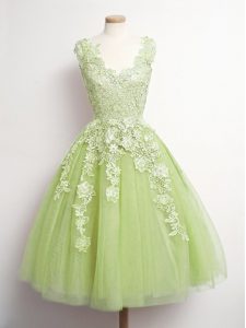Great Yellow Green V-neck Neckline Appliques Wedding Party Dress Sleeveless Lace Up