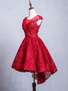 Affordable Red Prom Dress Prom and Party and Sweet 16 with Lace and Appliques and Belt Scoop Short Sleeves Lace Up