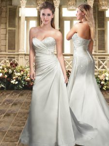 White A-line Sweetheart Sleeveless Taffeta Sweep Train Clasp Handle Ruching Wedding Gowns