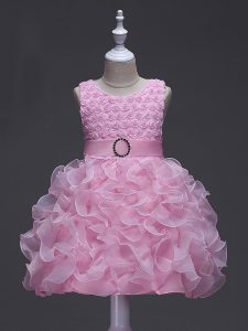 Dramatic Rose Pink Lace Up Scoop Ruffles and Belt Child Pageant Dress Organza Sleeveless