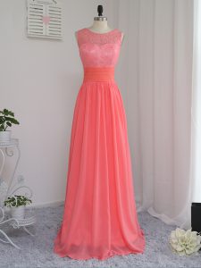 Luxurious Lace Bridesmaid Dresses Watermelon Red Zipper Sleeveless Floor Length