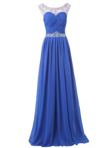 Great Blue Sleeveless Chiffon Sweep Train Side Zipper Prom Dress for Prom and Party