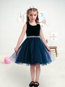 Navy Blue Sleeveless Belt Knee Length Flower Girl Dresses