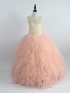 Peach Zipper Scoop Appliques and Ruffles Little Girls Pageant Gowns Tulle Sleeveless