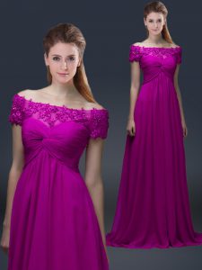 Great Off The Shoulder Short Sleeves Chiffon Mother of Bride Dresses Appliques Lace Up