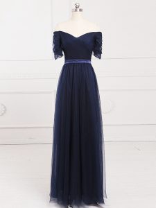 Ruching Quinceanera Dama Dress Navy Blue Lace Up Short Sleeves Floor Length