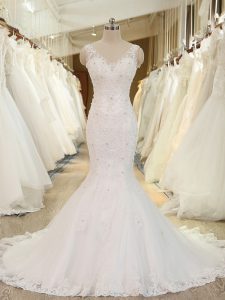 Gorgeous Tulle V-neck Sleeveless Brush Train Backless Beading and Lace and Appliques Wedding Gown in White