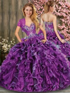 Sleeveless Floor Length Beading and Ruffles Lace Up 15th Birthday Dress with Black And Purple