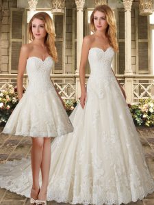 Comfortable Sweetheart Sleeveless Bridal Gown Brush Train Lace White Tulle