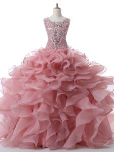 Sleeveless Floor Length Beading and Ruffles Zipper 15th Birthday Dress with Pink