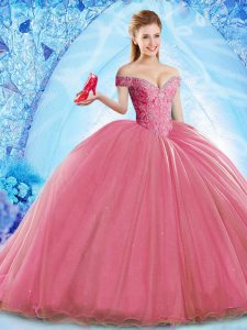 Coral Red Ball Gowns Beading Quinceanera Dress Lace Up Organza Sleeveless