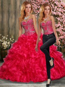 Custom Made Sweetheart Sleeveless 15th Birthday Dress Floor Length Beading and Ruffles Hot Pink Organza