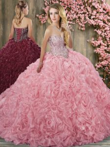 Pink Sleeveless Fabric With Rolling Flowers Brush Train Lace Up Quinceanera Dresses for Military Ball and Sweet 16 and Q