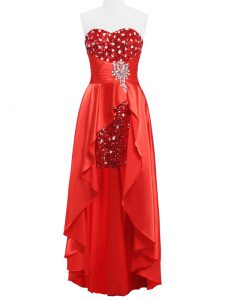 Coral Red Zipper Sweetheart Beading and Ruching Prom Party Dress Elastic Woven Satin Sleeveless