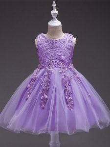 Lavender Ball Gowns Tulle Scoop Sleeveless Appliques Knee Length Zipper Toddler Flower Girl Dress