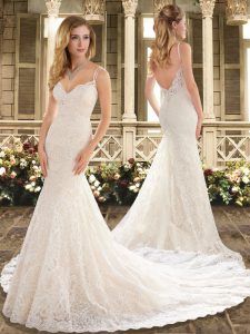 Custom Fit Straps Sleeveless Wedding Dress Court Train Lace White Lace