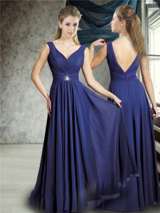 Classical Floor Length Navy Blue Quinceanera Dama Dress Chiffon Sleeveless Belt