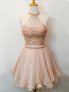 Organza Halter Top Sleeveless Lace Up Beading Wedding Guest Dresses in Champagne