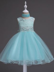 Customized Aqua Blue Ball Gowns Scoop Sleeveless Organza Knee Length Zipper Beading and Lace Child Pageant Dress