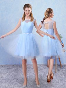 Trendy Tulle Scoop Sleeveless Lace Up Ruching and Belt Bridesmaid Dresses in Blue