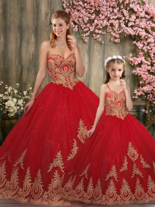 Red Lace Up Sweetheart Appliques Quinceanera Dresses Tulle Sleeveless Brush Train