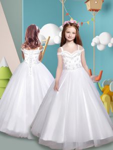 Inexpensive Ball Gowns Cap Sleeves White Flower Girl Dress Sweep Train Lace Up
