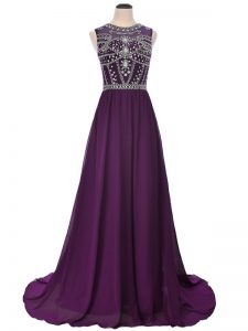 Purple Dress for Prom Scoop Short Sleeves Brush Train Side Zipper