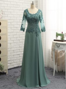 Most Popular Green Mother of Bride Dresses Prom and Sweet 16 with Beading and Lace and Appliques Scalloped Long Sleeves 
