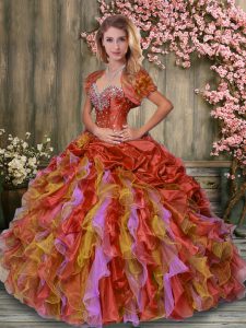 Beauteous Multi-color Ball Gowns Beading and Ruffles and Pick Ups Quinceanera Gown Lace Up Organza and Taffeta Sleeveles