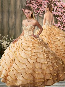 Sweetheart Sleeveless Organza Quinceanera Dresses Beading and Ruffled Layers Sweep Train Lace Up