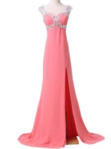 Glorious Cap Sleeves Brush Train Zipper Beading and Appliques Prom Gown