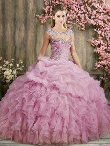 Exceptional Lilac Ball Gowns Scoop Sleeveless Organza Sweep Train Lace Up Beading and Ruffles Quinceanera Dresses
