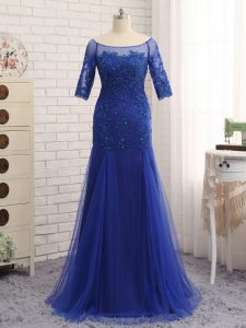 Royal Blue Scoop Neckline Lace and Appliques Mother of Bride Dresses Half Sleeves Zipper
